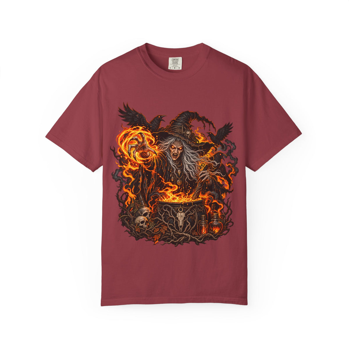 Witchcraft Cauldron T-Shirt — Spooky Flame Sorceress Graphic Tee