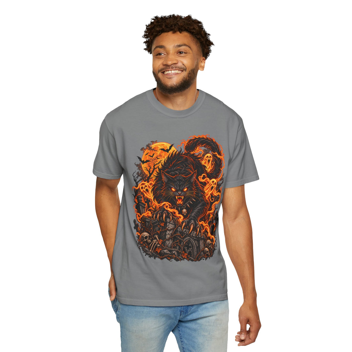 Werecat Horror Halloween T-Shirt — Fiery Moon Beast Graphic Tee