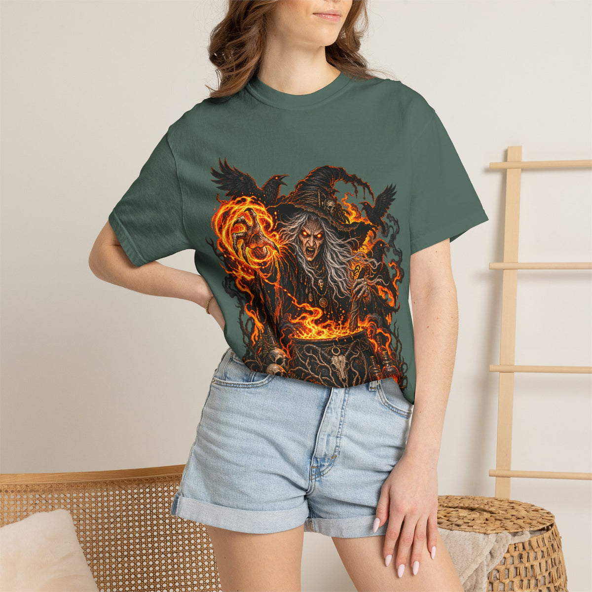Witchcraft Cauldron T-Shirt — Spooky Flame Sorceress Graphic Tee