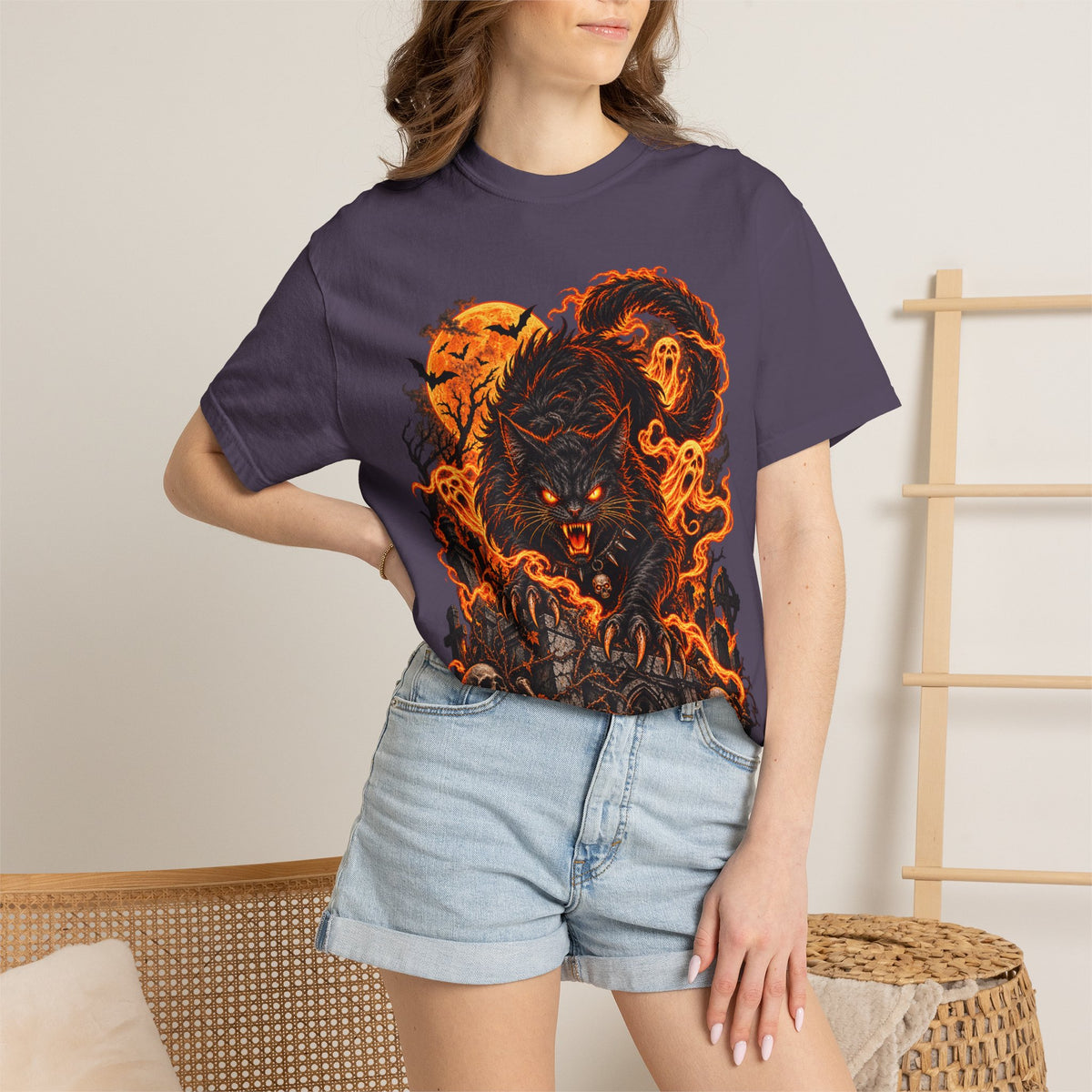 Werecat Horror Halloween T-Shirt — Fiery Moon Beast Graphic Tee