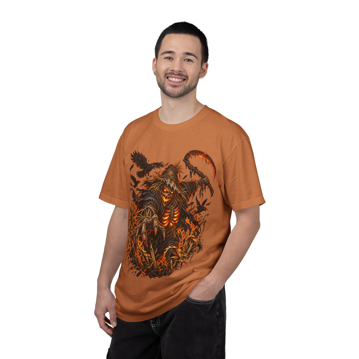 Scarecrow Reaper Halloween T-Shirt — Spooky Pumpkin Field Graphic Tee