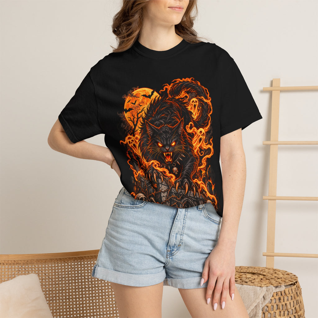 Werecat Horror Halloween T-Shirt — Fiery Moon Beast Graphic Tee