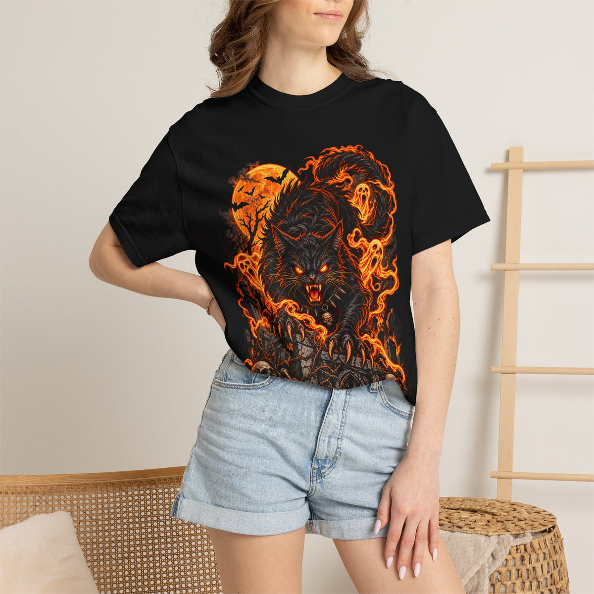 Werecat Horror Halloween T-Shirt — Fiery Moon Beast Graphic Tee