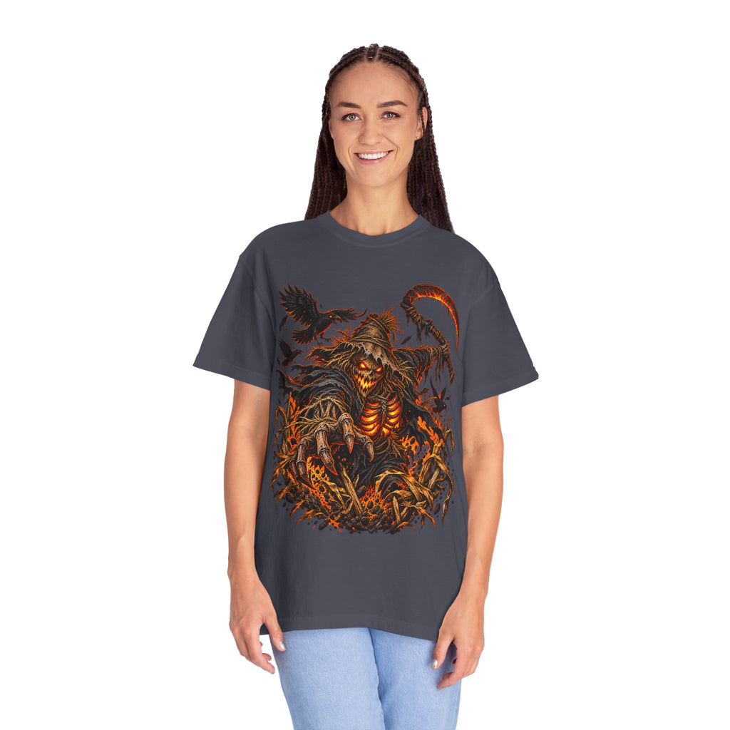 Scarecrow Reaper Halloween T-Shirt — Spooky Pumpkin Field Graphic Tee