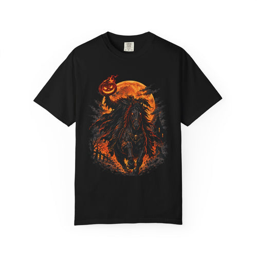 Headless Horseman Epic Halloween T-Shirt — Pumpkin Night Rider Graphic Tee