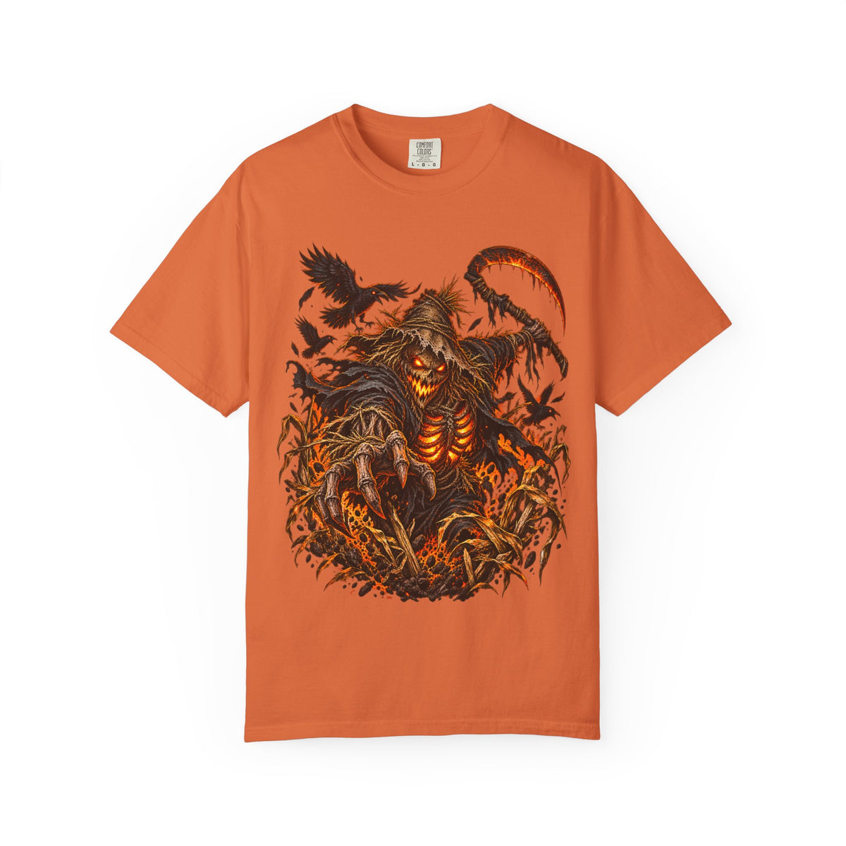 Scarecrow Reaper Halloween T-Shirt — Spooky Pumpkin Field Graphic Tee