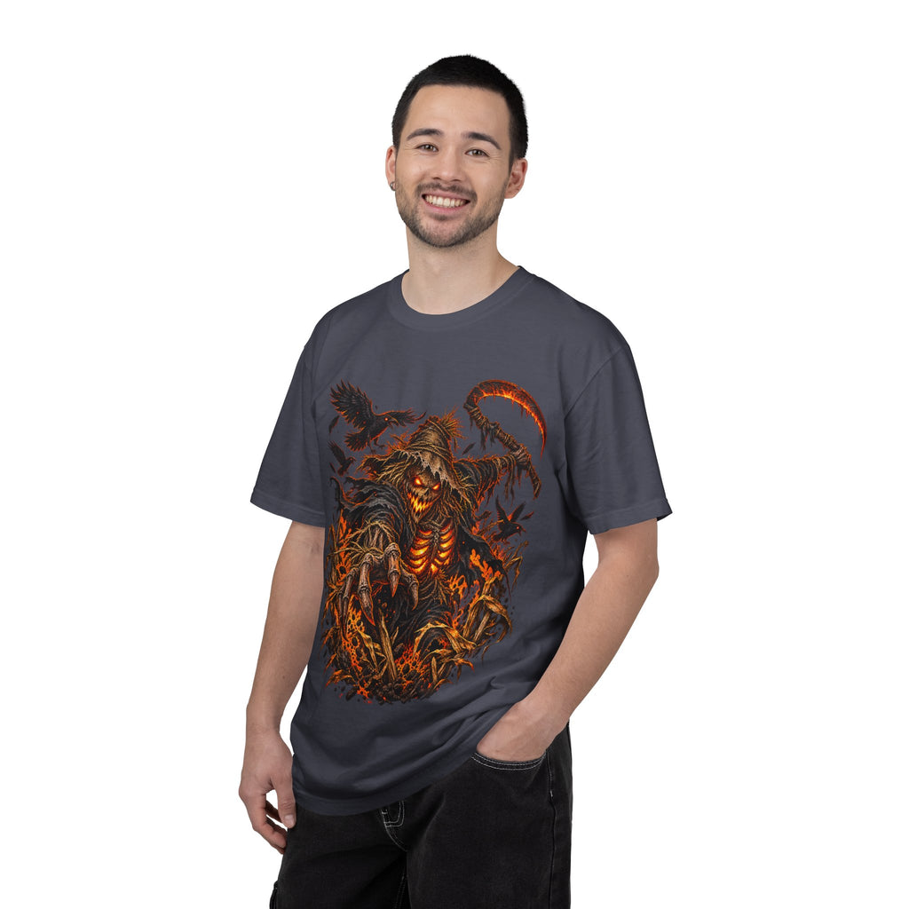 Scarecrow Reaper Halloween T-Shirt — Spooky Pumpkin Field Graphic Tee