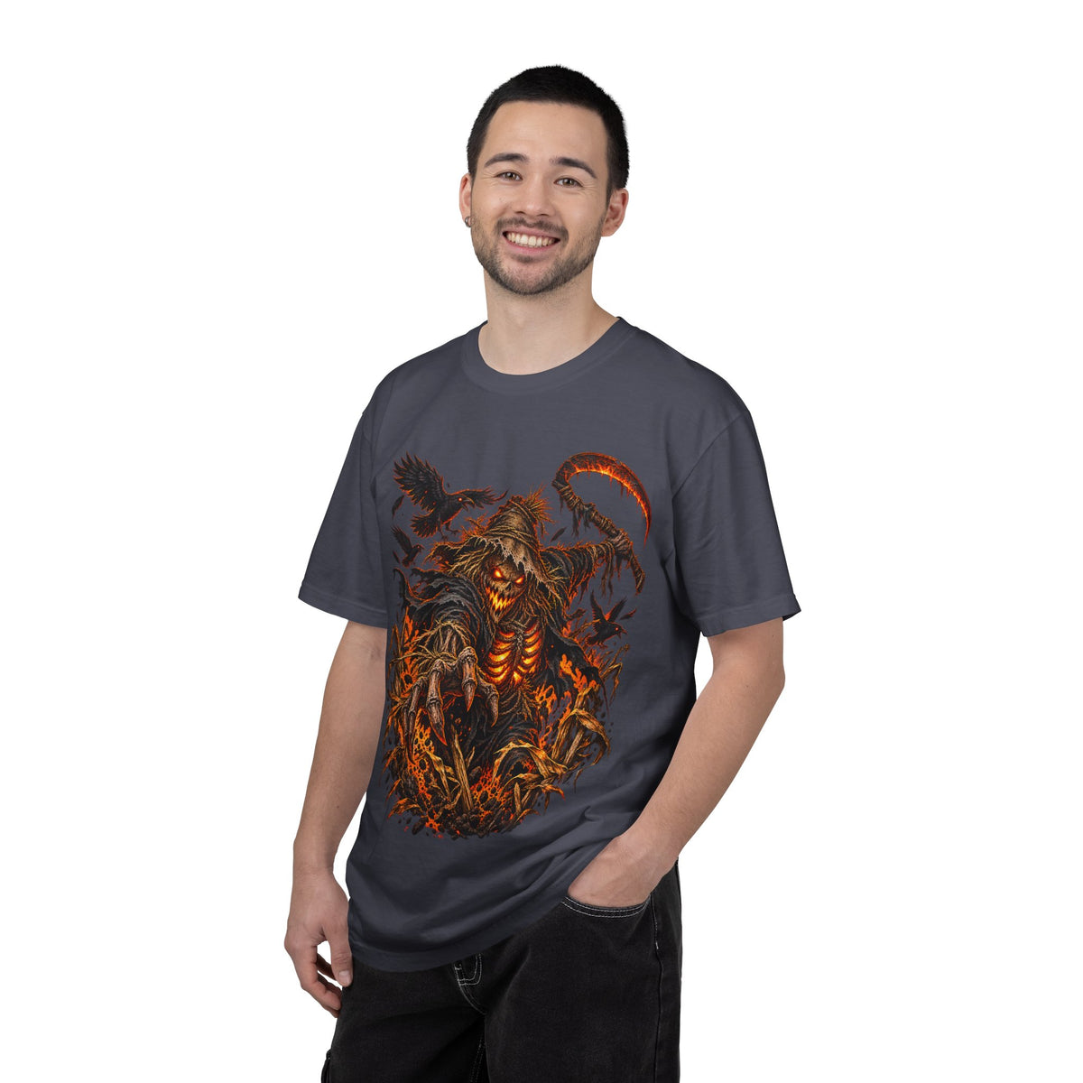 Scarecrow Reaper Halloween T-Shirt — Spooky Pumpkin Field Graphic Tee