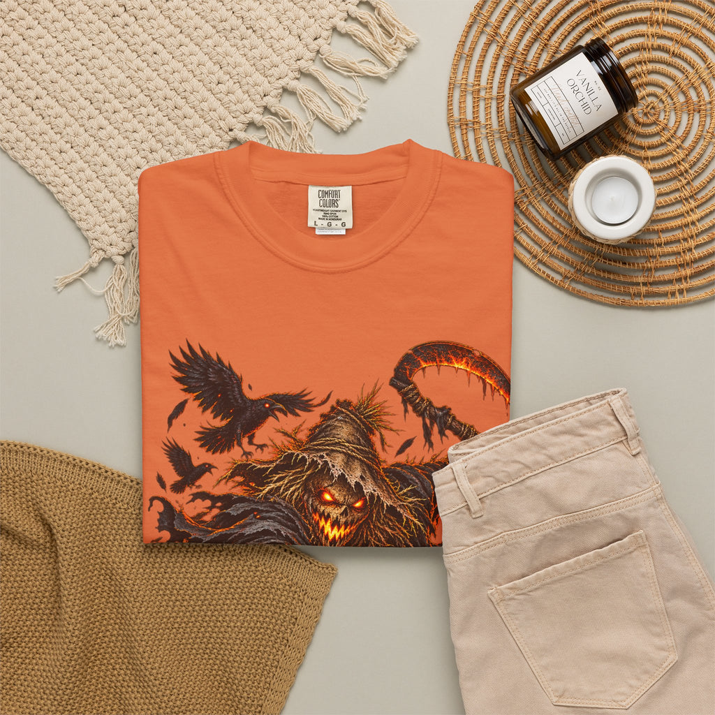 Scarecrow Reaper Halloween T-Shirt — Spooky Pumpkin Field Graphic Tee