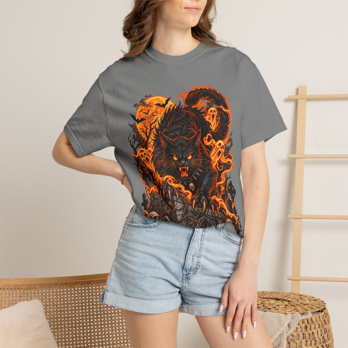 Werecat Horror Halloween T-Shirt — Fiery Moon Beast Graphic Tee