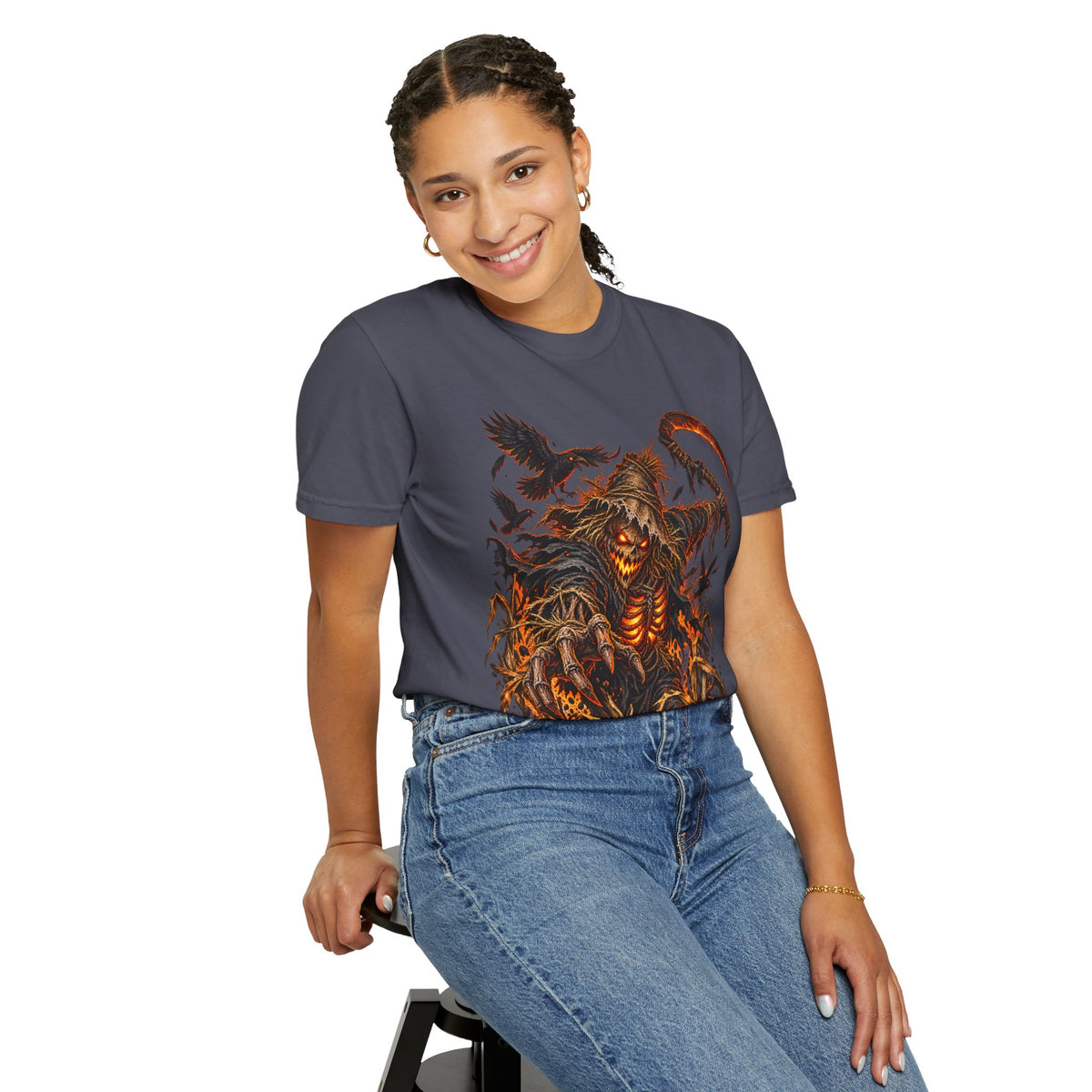Scarecrow Reaper Halloween T-Shirt — Spooky Pumpkin Field Graphic Tee