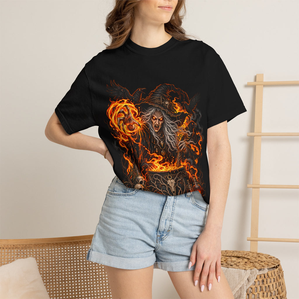 Witchcraft Cauldron T-Shirt — Spooky Flame Sorceress Graphic Tee