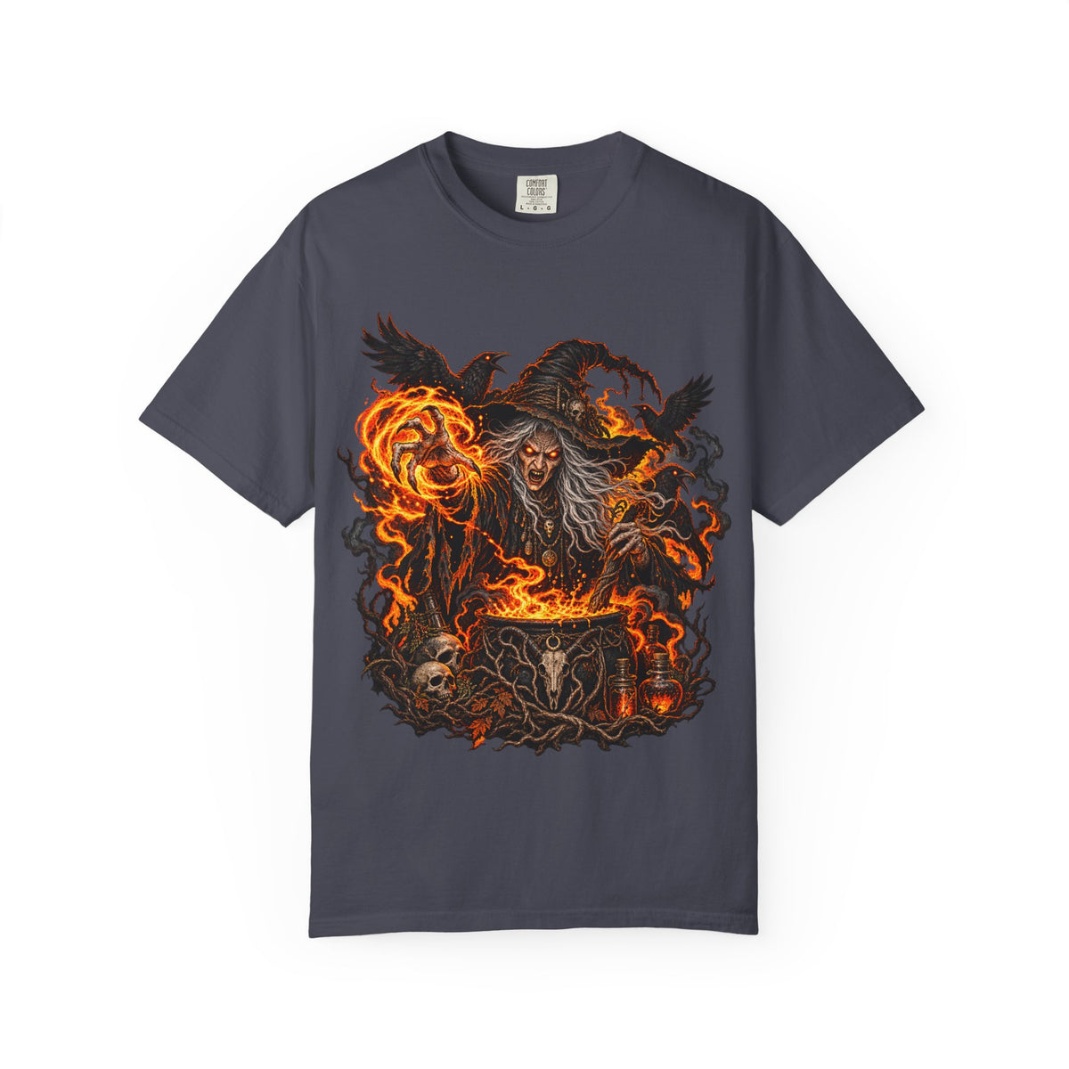 Witchcraft Cauldron T-Shirt — Spooky Flame Sorceress Graphic Tee