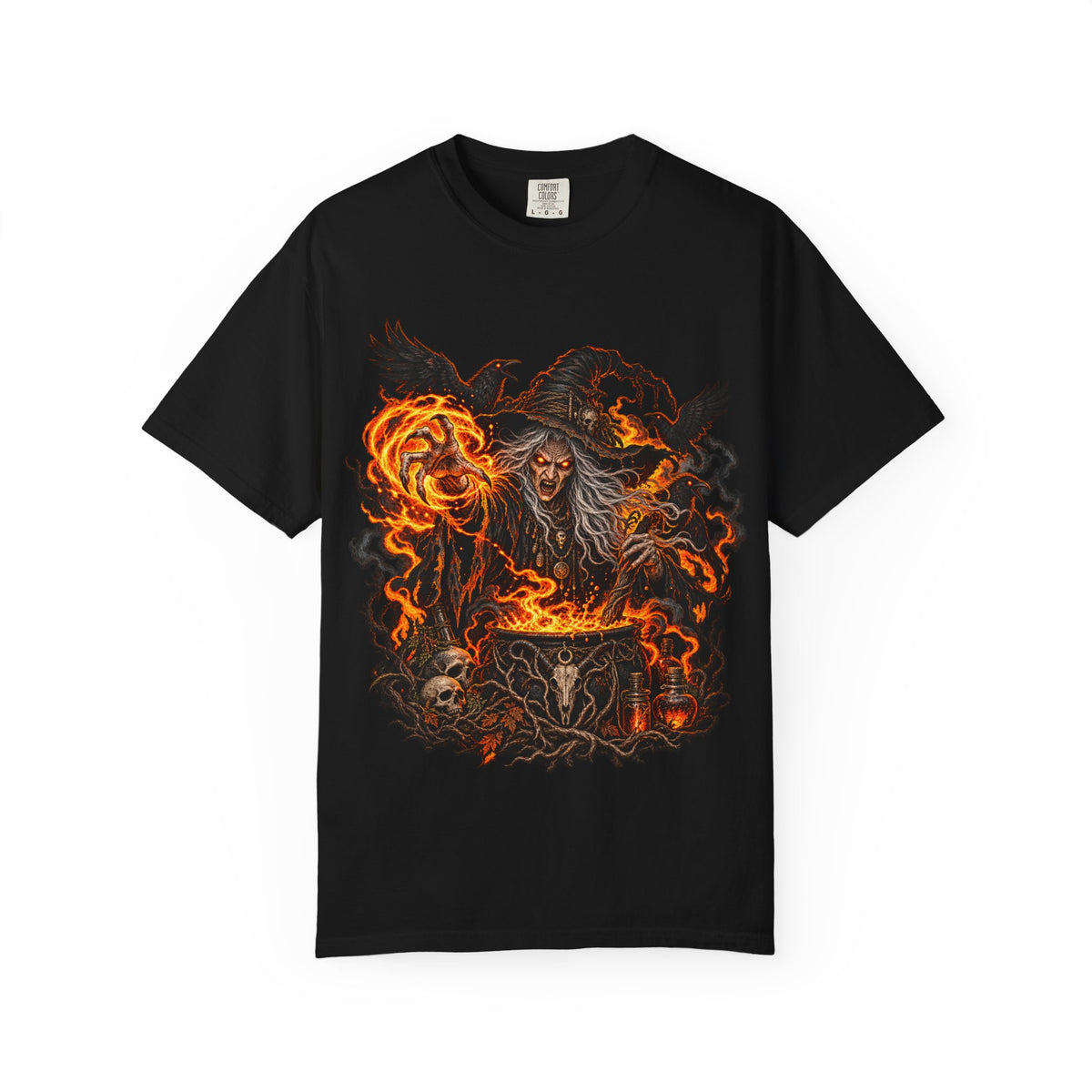 Witchcraft Cauldron T-Shirt — Spooky Flame Sorceress Graphic Tee