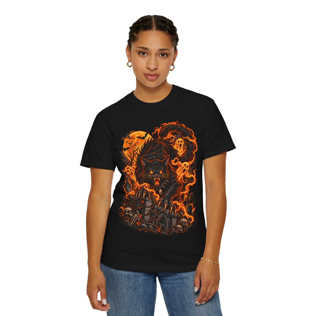 Werecat Horror Halloween T-Shirt — Fiery Moon Beast Graphic Tee