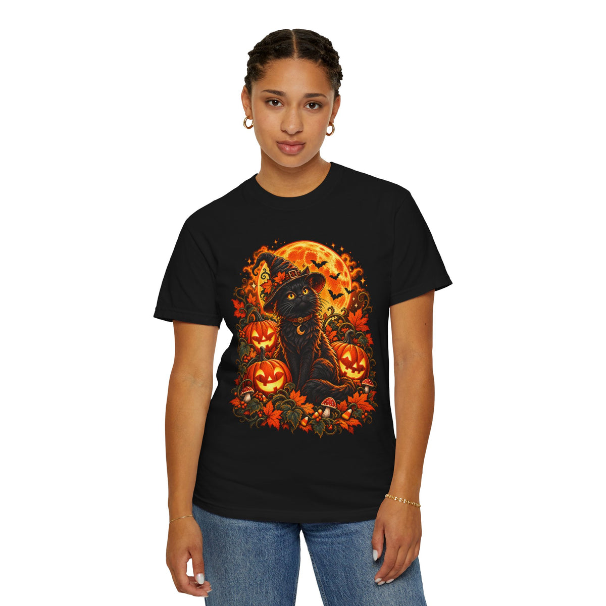 Halloween Black Cat T-Shirt – Pumpkin Moon Witchy Autumn Graphic Tee