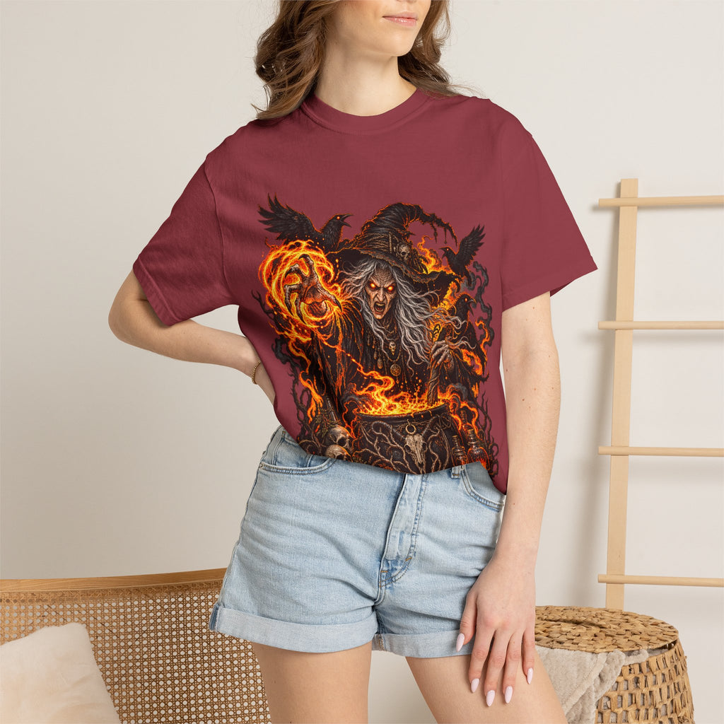 Witchcraft Cauldron T-Shirt — Spooky Flame Sorceress Graphic Tee