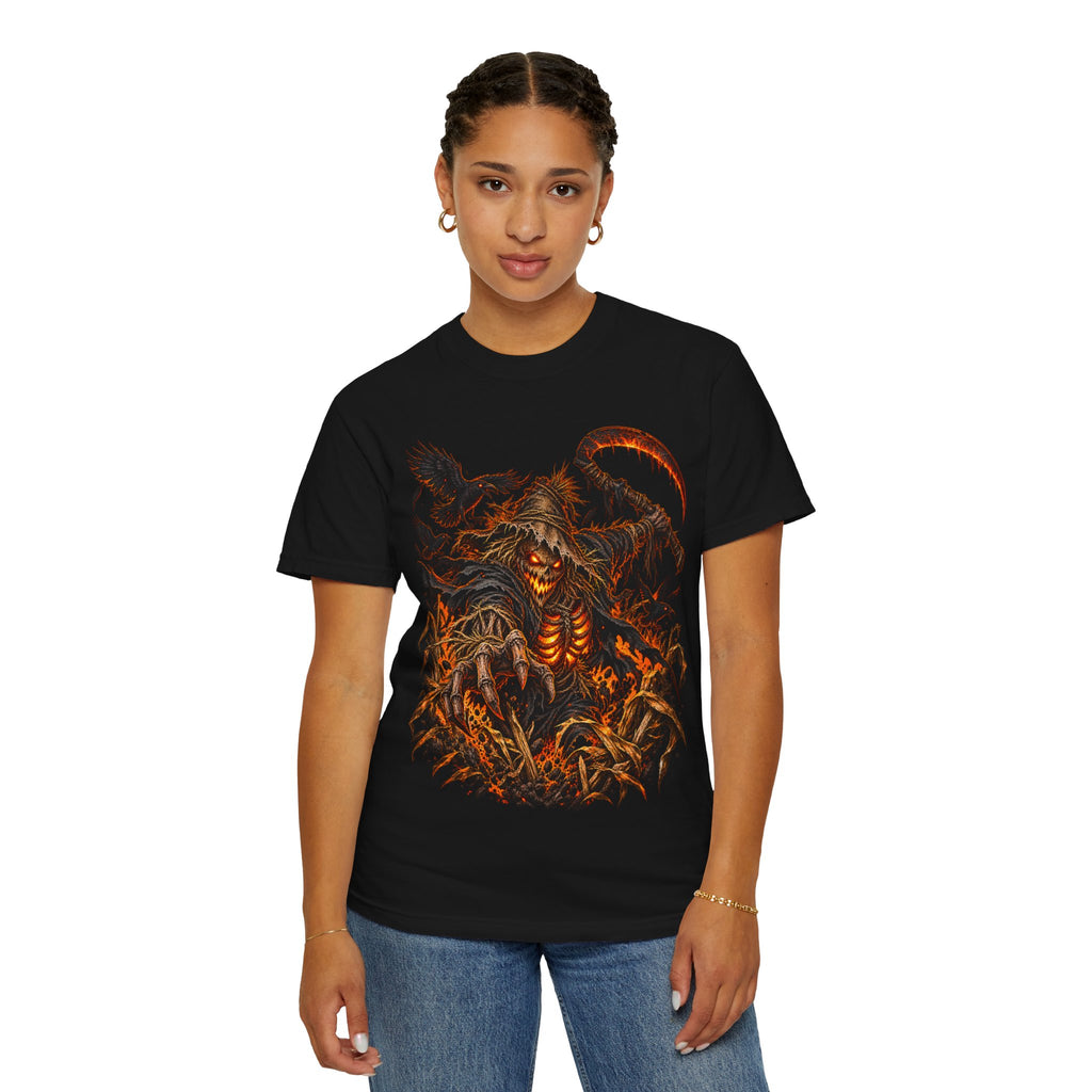 Scarecrow Reaper Halloween T-Shirt — Spooky Pumpkin Field Graphic Tee