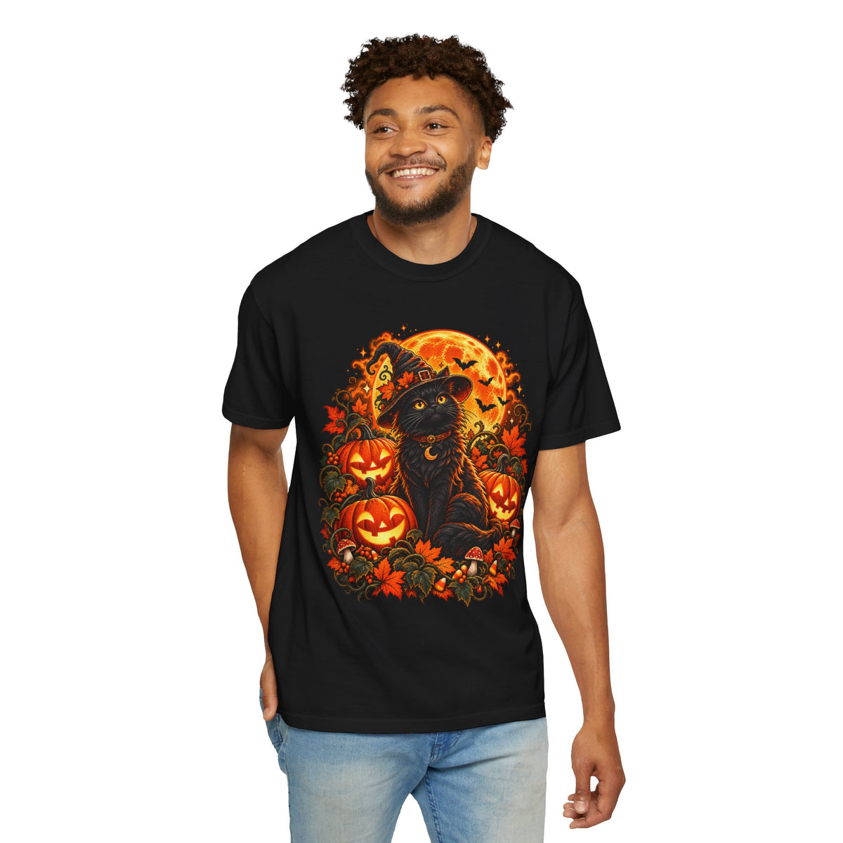 Halloween Black Cat T-Shirt – Pumpkin Moon Witchy Autumn Graphic Tee