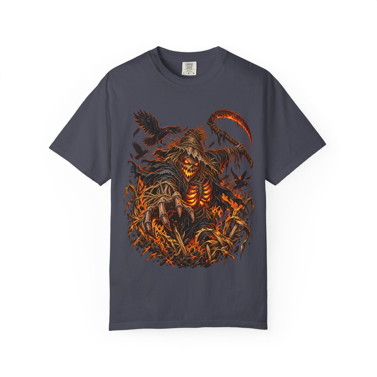 Scarecrow Reaper Halloween T-Shirt — Spooky Pumpkin Field Graphic Tee