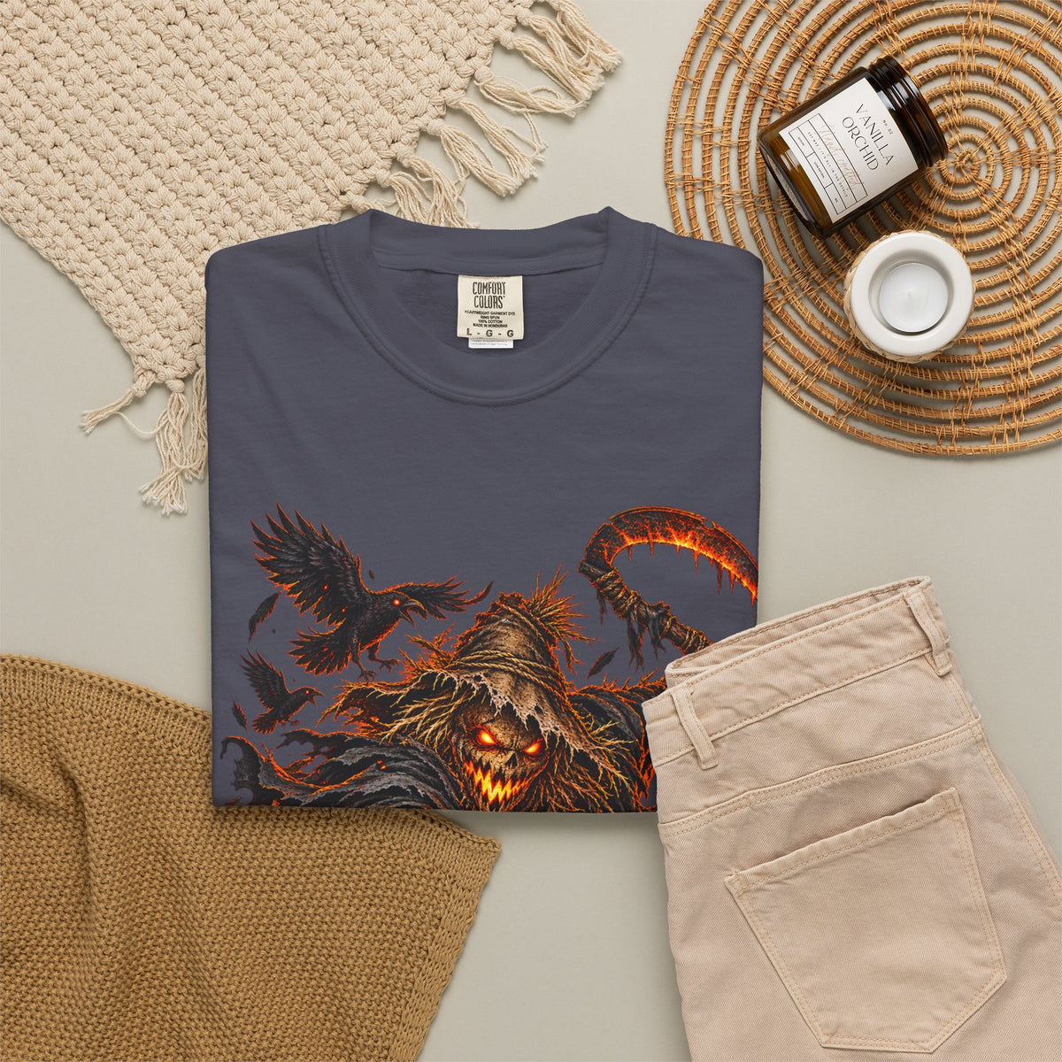 Scarecrow Reaper Halloween T-Shirt — Spooky Pumpkin Field Graphic Tee