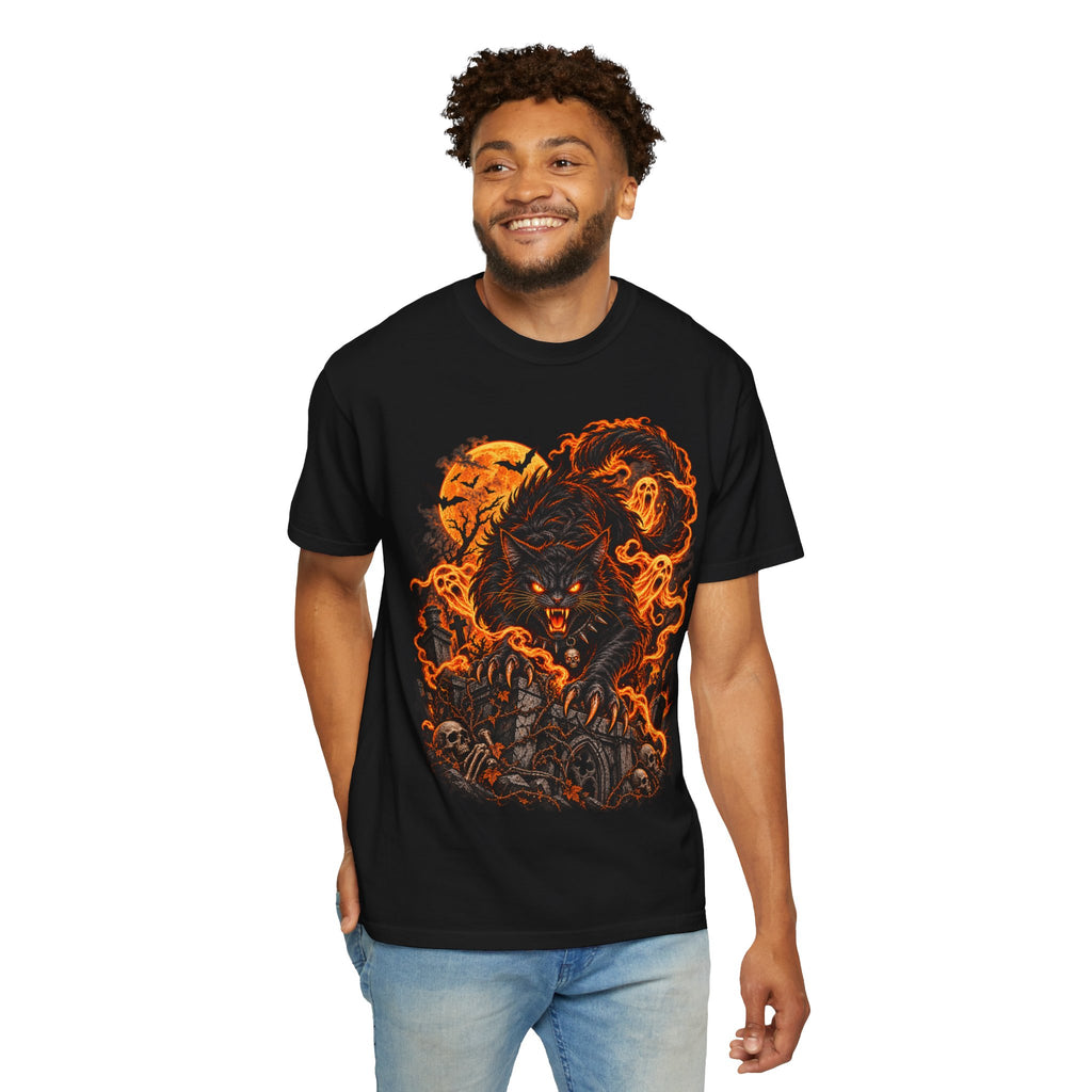 Werecat Horror Halloween T-Shirt — Fiery Moon Beast Graphic Tee
