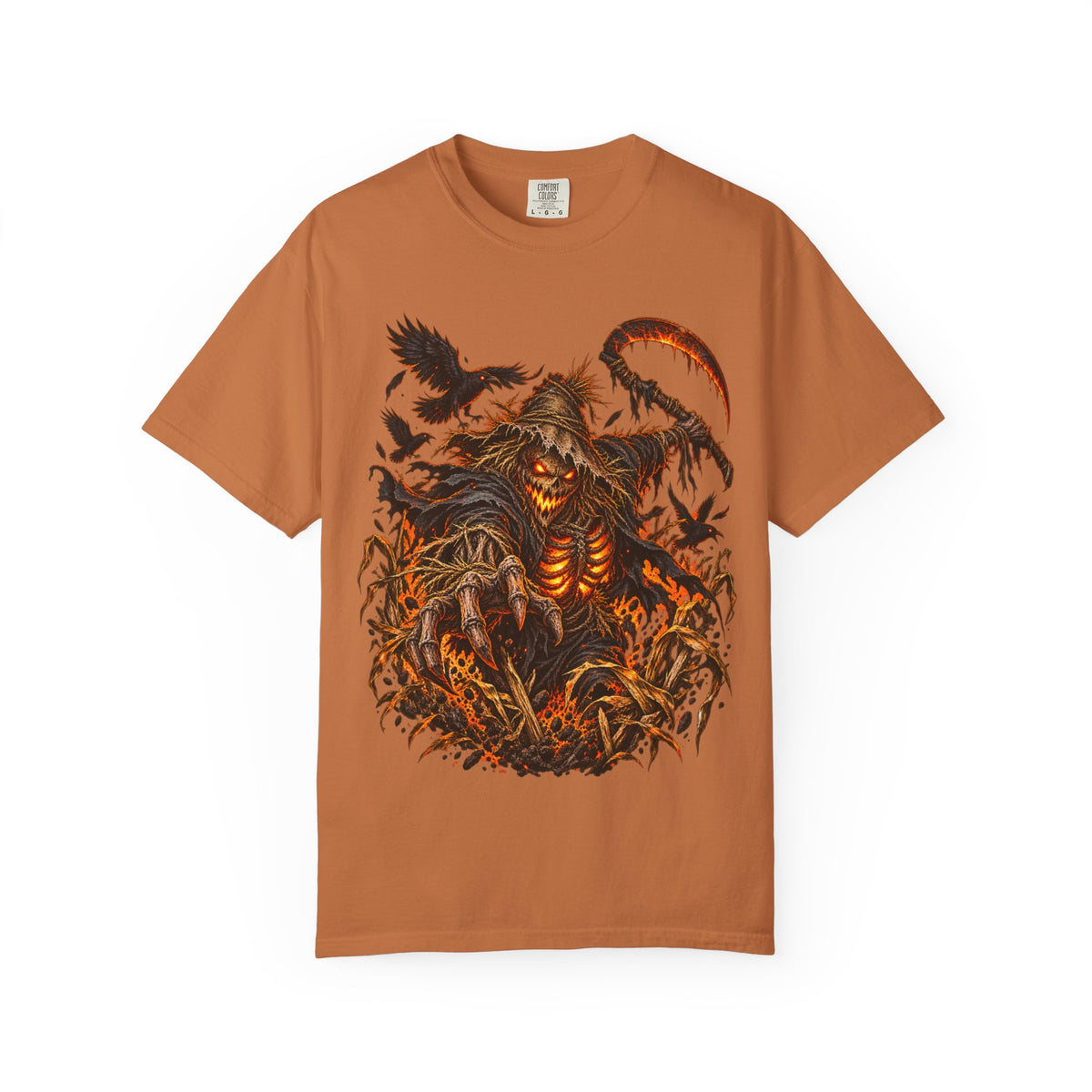 Scarecrow Reaper Halloween T-Shirt — Spooky Pumpkin Field Graphic Tee