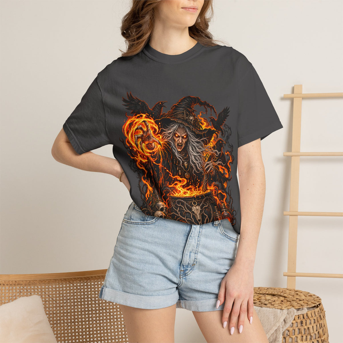 Witchcraft Cauldron T-Shirt — Spooky Flame Sorceress Graphic Tee