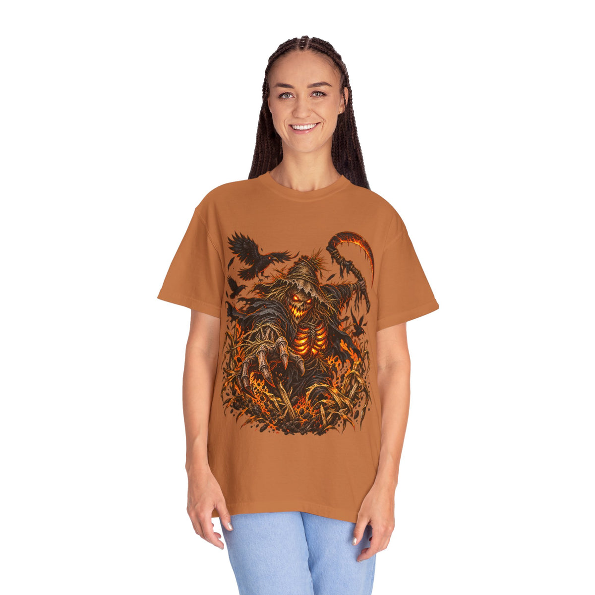 Scarecrow Reaper Halloween T-Shirt — Spooky Pumpkin Field Graphic Tee