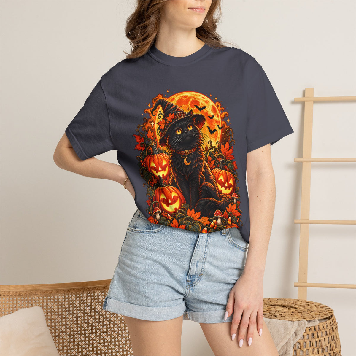 Halloween Black Cat T-Shirt – Pumpkin Moon Witchy Autumn Graphic Tee