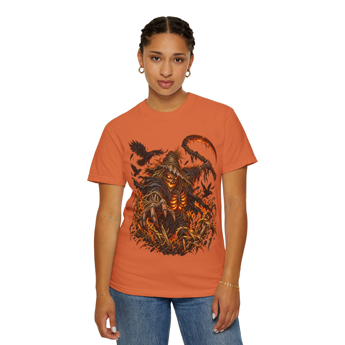 Scarecrow Reaper Halloween T-Shirt — Spooky Pumpkin Field Graphic Tee