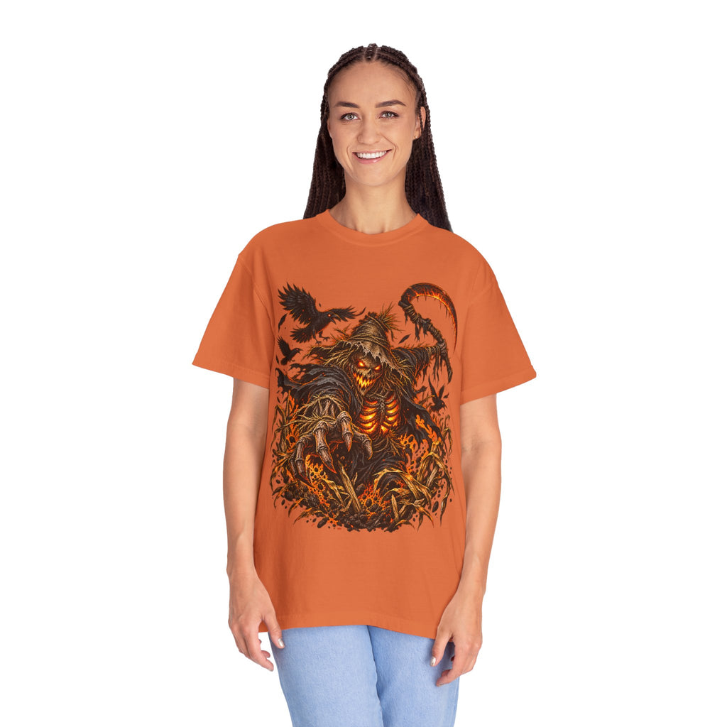 Scarecrow Reaper Halloween T-Shirt — Spooky Pumpkin Field Graphic Tee