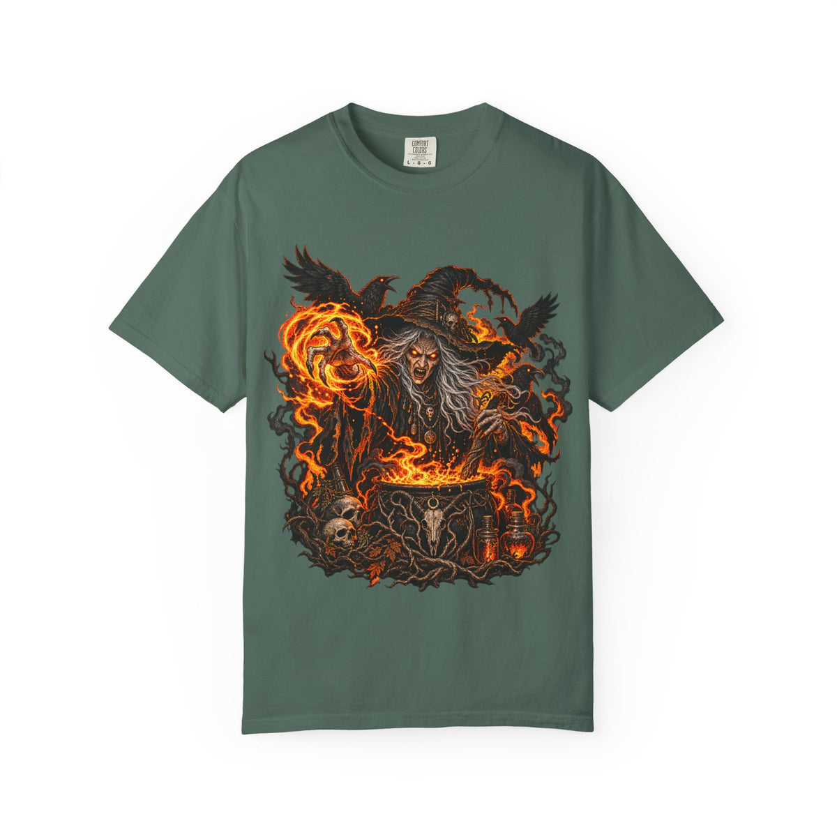 Witchcraft Cauldron T-Shirt — Spooky Flame Sorceress Graphic Tee