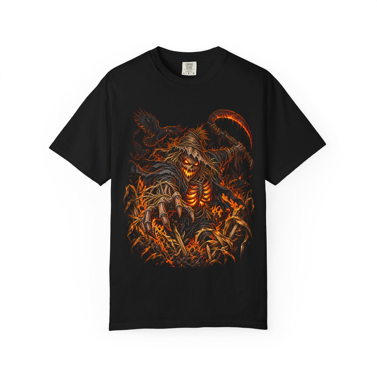 Scarecrow Reaper Halloween T-Shirt — Spooky Pumpkin Field Graphic Tee