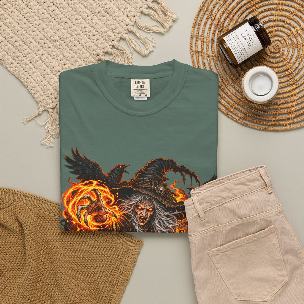 Witchcraft Cauldron T-Shirt — Spooky Flame Sorceress Graphic Tee