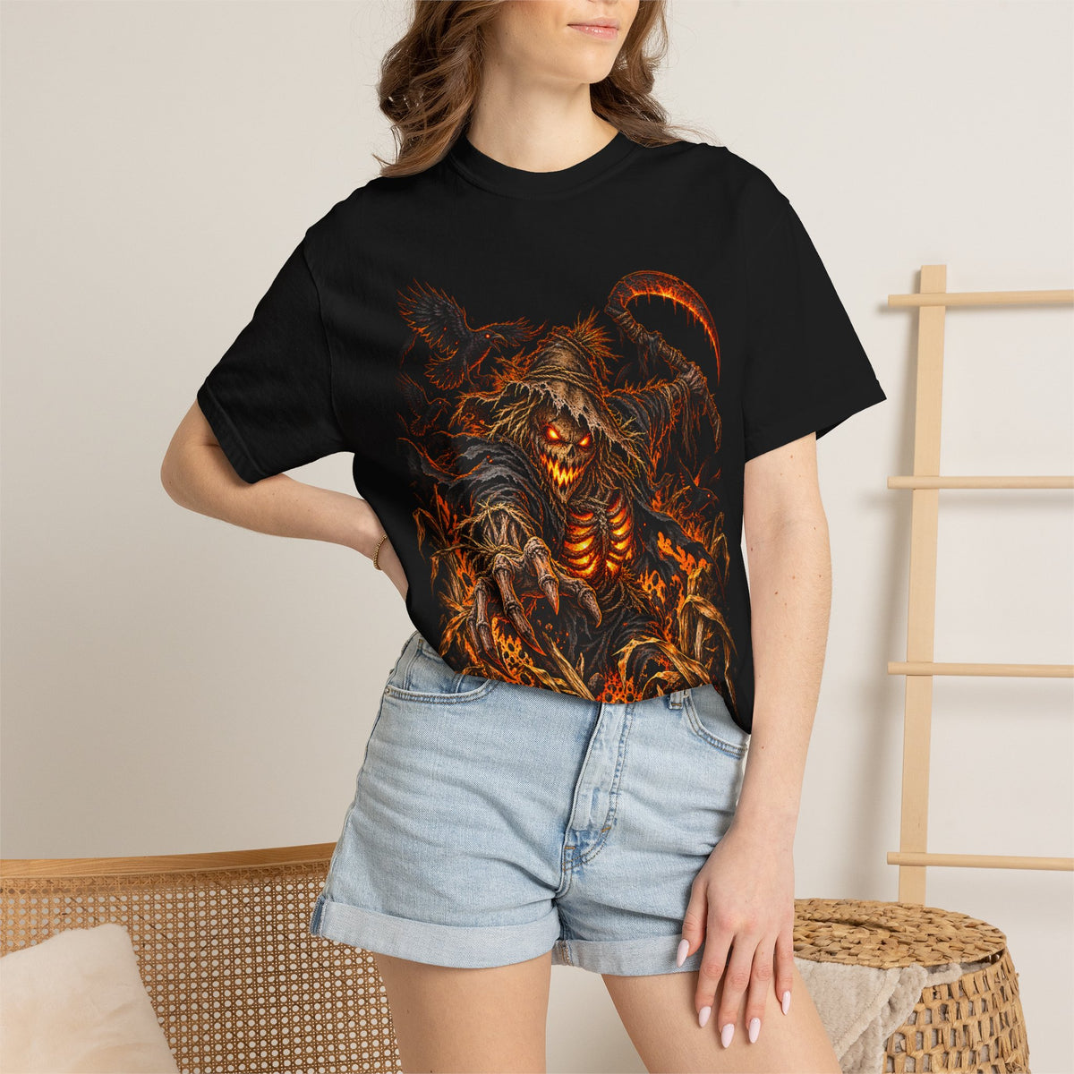Scarecrow Reaper Halloween T-Shirt — Spooky Pumpkin Field Graphic Tee