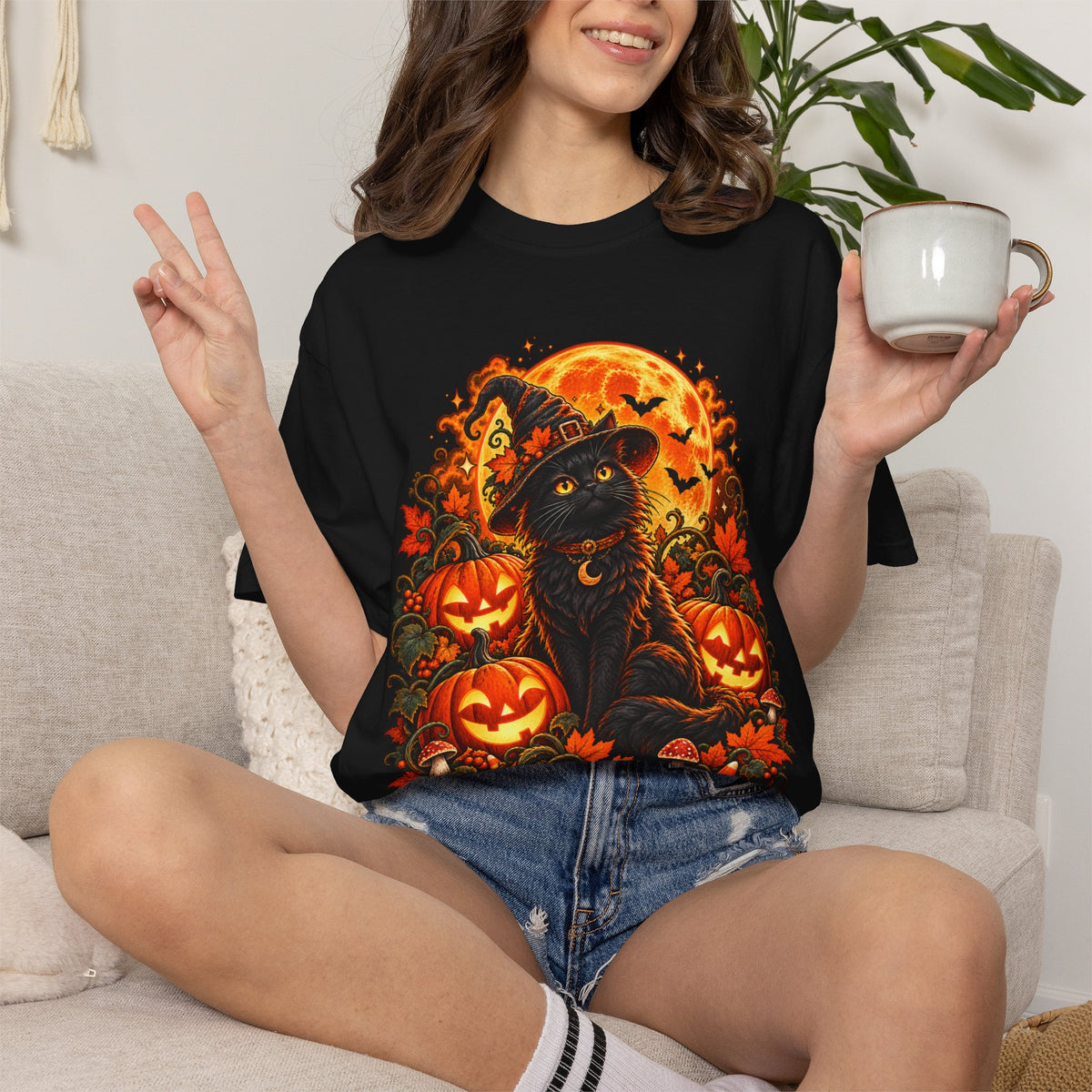Halloween Black Cat T-Shirt – Pumpkin Moon Witchy Autumn Graphic Tee