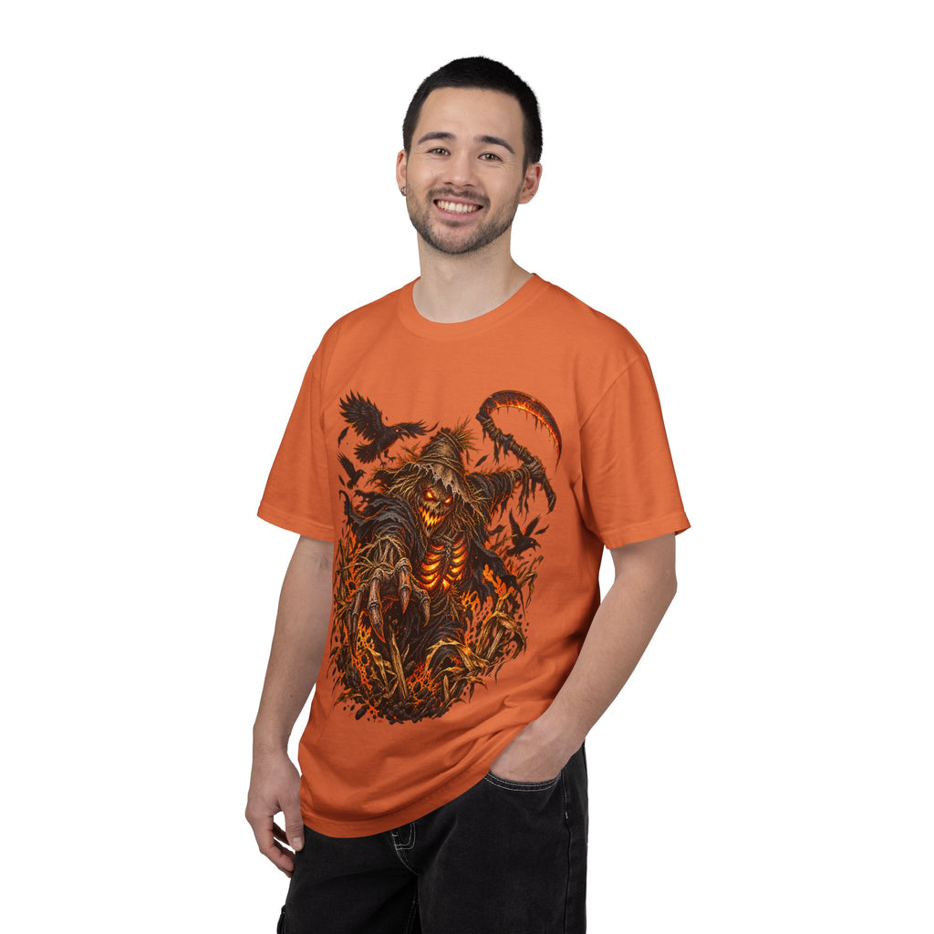 Scarecrow Reaper Halloween T-Shirt — Spooky Pumpkin Field Graphic Tee