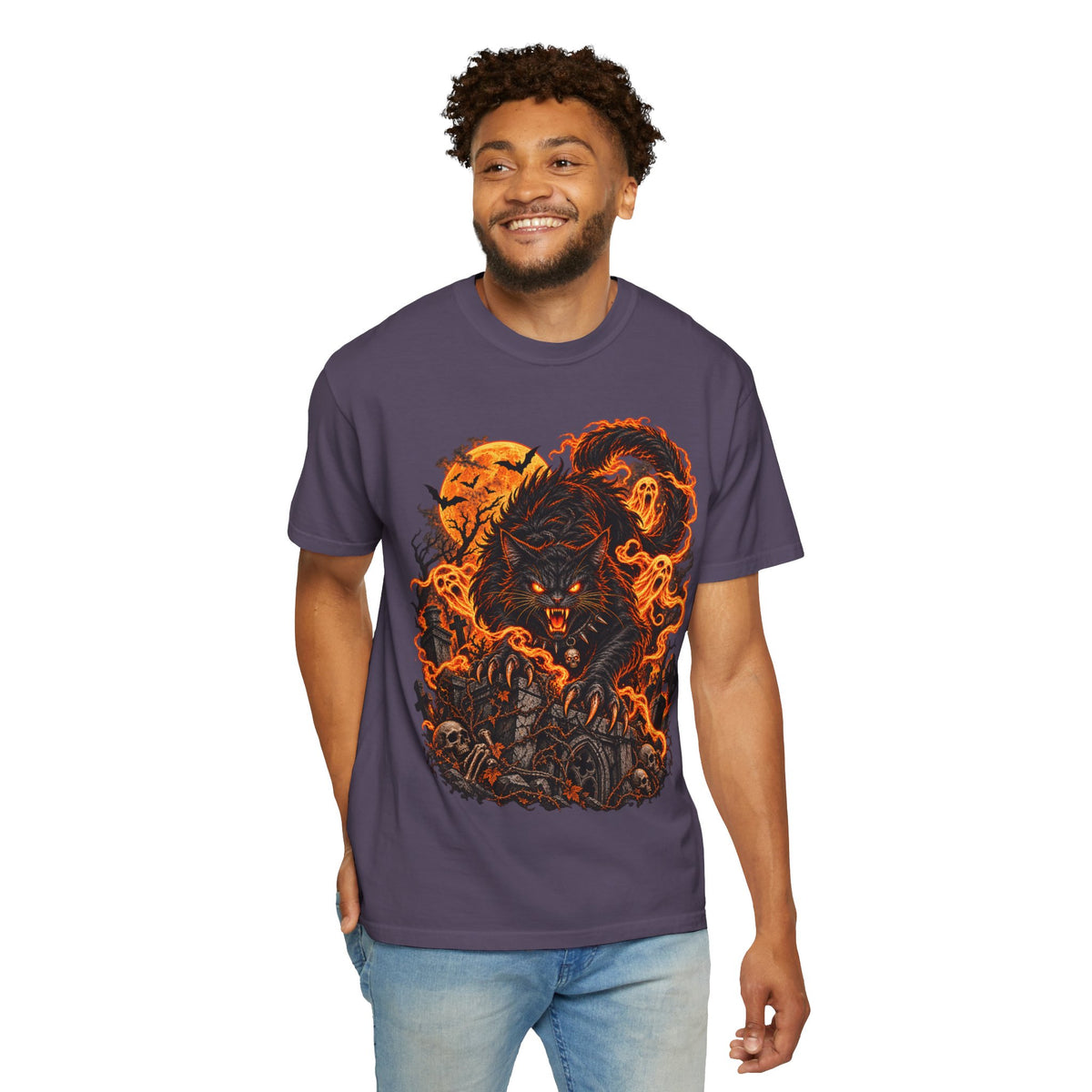 Werecat Horror Halloween T-Shirt — Fiery Moon Beast Graphic Tee