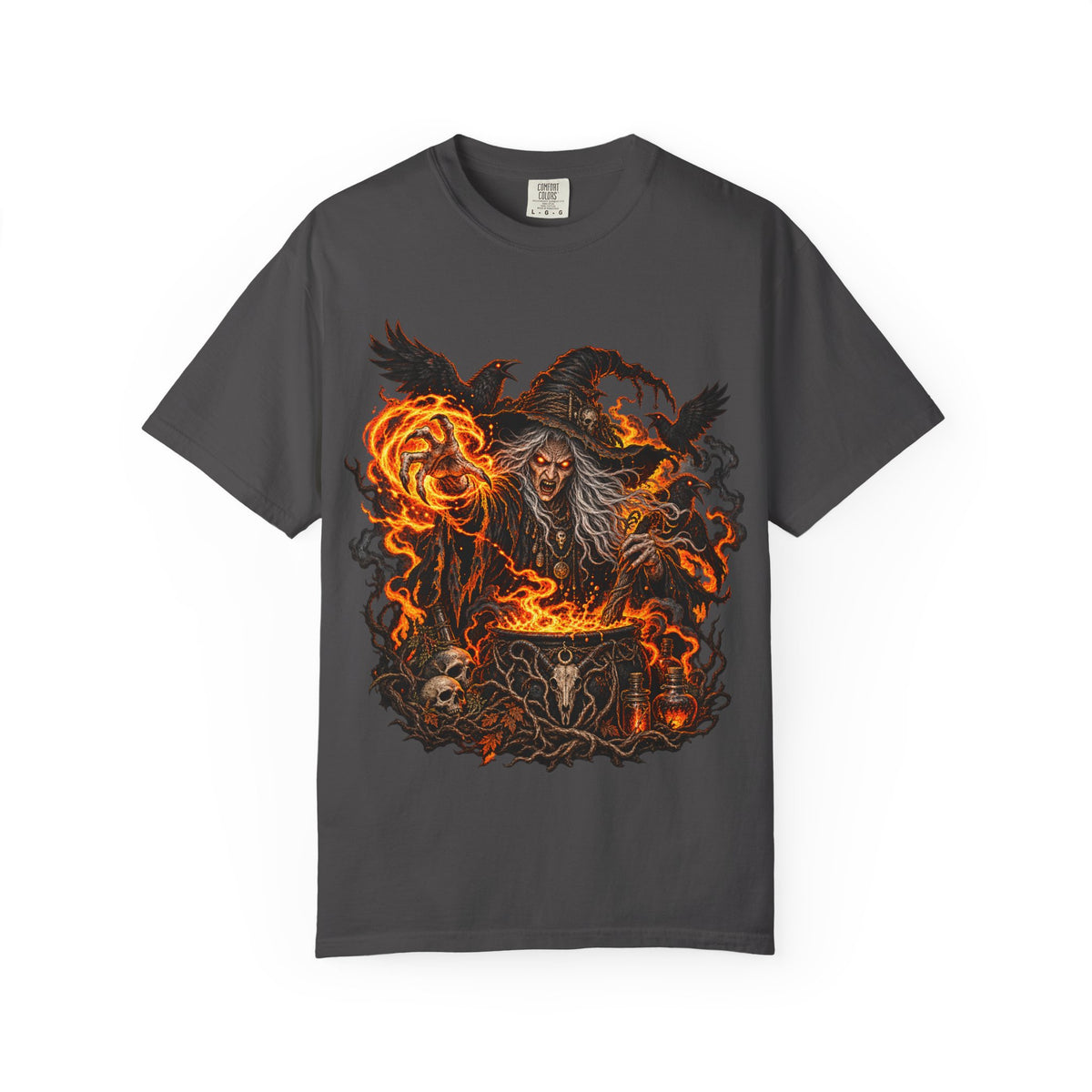 Witchcraft Cauldron T-Shirt — Spooky Flame Sorceress Graphic Tee