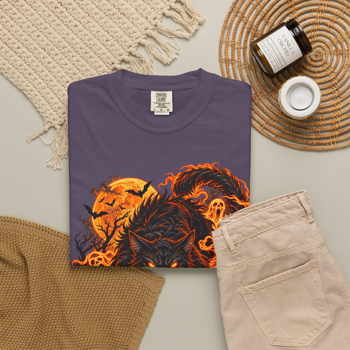 Werecat Horror Halloween T-Shirt — Fiery Moon Beast Graphic Tee