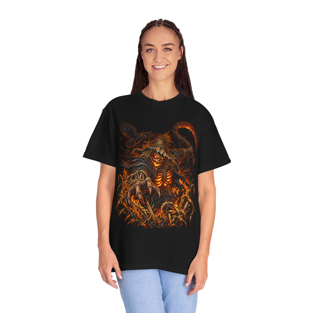 Scarecrow Reaper Halloween T-Shirt — Spooky Pumpkin Field Graphic Tee