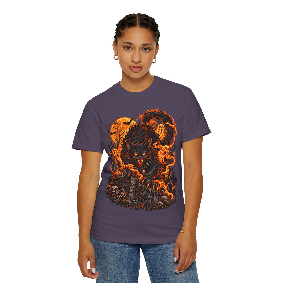 Werecat Horror Halloween T-Shirt — Fiery Moon Beast Graphic Tee